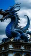 Placeholder: A dark blue angry dragon on top of a palace painted by Claude Monet