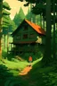 Placeholder: a boy in a house in a forest, ghibli style