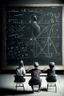 Placeholder: adult human sized subatomic particles, writing equations on a chalkboard, while educating human children sitting at desks
