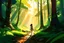 Placeholder: a lone woman trekking through a forest pierced by shafts of morning light , art in the style of spirited away