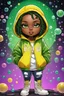 Placeholder: Create an colorful psychedelic comic book illustration of a chibi cartoon black female thick curvy wearing a cut of green, yellow and white hoodie and white jeans and timberland boots. Prominent make up with long lashes and hazel eyes. Highly detailed shiny sister locs. Background of a large bubbles all around her