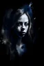 Placeholder: A abstract portrait of a young woman (neofigurative, abstractionism). Look like a watercolor. All black. Horror. Dark. Blur