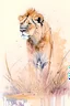 Placeholder: lioness by watering hole in dry dessert cheery dreamy watercolor