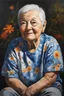 Placeholder: Oil paint on canvas, chiaroscuro, deep shadows, masterpiece, happy, 2020 caught off guard, 79-year-old Phyllis Kendall, short buzz-cut straight, salt and pepper gray hair, overweight, blue eyes, wearing a black, floral print, short-sleeved, pull-over shirt, dark blue sweatpants, sitting at the computer checking her emails