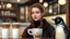 Placeholder: young woman talk to a penguin in coffee-shop