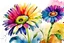 Placeholder: one small daisy flower next to big colorful exotic flowers, watercolor