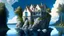 Placeholder: small gothic house built into a rock, lake, trees, arches, bridge, foliage, balconies, verandas, blue sky, white clouds