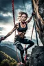 Placeholder: An action shot of a sexy looking zombie mountain climber, dramatic climb, an action shot, sexy crop top and tight leggings, climbing ropes,cinematic poster, cinematic lighting