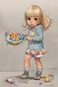 Placeholder: full color - a tiny little blonde girl in shorts and a turtleneck sweater coloring Easter eggs - line art by Aaron Blaise