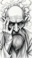 Placeholder: highly detailed graphite illustration, A surreal elderly figure with exaggerated anatomical featured , hands down wrinkled skin, and an intense, contemplative expression. bald head, thick eyebrows, long beard merge into swirling abstract shapes. Large, other gripping the forehead tensely. Mysterious, introspective, dreamlike, somewhat dark fantasy. #𝙙𝙧𝙚art #prompt