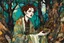 Placeholder: Egon Schiele, Abraham Rattner , Oskar Kokoschka style abstract expressionist, full color, full body comic book illustration of a young pagan druid priestess in an ancient ritual grove, asymmetric harmony, intricately detailed, highly detailed facial features, ethereal, elemental, otherworldly, the smell of the ancient essence of eternity, boldly inked in vibrant natural color