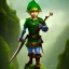 Placeholder: warrior character, wearing green clothes and green hat, similar to Link from Legend Of Zelda, standing on the edge of a steep cliff, heroic, atmospheric