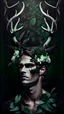 Placeholder: beautiful male with big deer horns made from ivy and white flowers, front facing dark smooth colors, forest green background,