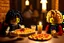 Placeholder: blonde lego girl and curly black haired lego boy eating lego pizza in an italian restaurant in candlelight