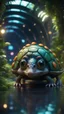 Placeholder: Space ostrich turtle dragon with friendly cute face and hair in dark lit reflective wet jungle metallic hall dome hotel tunnel, in the style of a game,bokeh like f/0.8, tilt-shift lens 8k, high detail, smooth render, down-light, unreal engine, prize winning