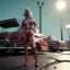 Placeholder: Ultra Realistic retro sci-fi, explosion Supermarket parking scene, 1960 year, blonde mastery woman, sweet scarlet Johansson face, perfect iris, glow eyes, face makeup, tight latex coat; many panic people, Retro sci-fi style, soft color, highly detailed, unreal engine 5, ray tracing, RTX, lumen lighting, ultra detail, volumetric lighting, 3d, finely drawn, high definition, high resolution.