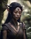 Placeholder: Druidic, majestic, japanese and mongolian facial features, brown skin, tiny nose, dark elf, drow, elf, black hair, druide, dirty brown dress, mystic, soft light, nature, shabby, natural, garden, magical, fantasy