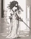 Placeholder: full-length, detailed persona, sword in hand, gorgon medusa, from the back, half turn