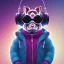 Placeholder: stylized Rabbit toddler, smiling, cyberpunk headphone, sunglass, gangsta neckless, full body, magenta puffer jacket, manila city background, dramatic lighting, hyper realistic, unreal engine 5, 16k