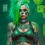 Placeholder: Fit tattooed yoga woman mugshot, cyberpunk green hair, 80s comicbook style, knight armor, wasteland.