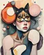 Placeholder: Abstract biomorphic mixed-media painting of woman with Siamese ca, caught in a dynamic off-balance pose inside [SCENERY]. Build the figures from irregular floating shape-cells, softly warped anatomy, oversized curious eyes, rounded mask-like faces, playful distorted proportions, and interlocking organic fragments that feel hand-cut and reassembled. Use pastels with translucent alcohol-ink blooms, watery pigment stains, dry watercolor edges, milky gradients, saturat