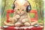 Placeholder: a contented long-haired cute beige kitten with big headphones on its head sits on a red bench in the woods, musical notes emanating dynamically from the headphones, mice sitting in front of the bench playing cards in the sunshine