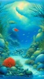 Placeholder: A blue reef with coral and fish designed in Hawaiian tikis painted by Birge Harrison