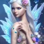 Placeholder: Fantasy fairy with transparent wings, smiling, make up, long platinum blond hair with crown and flowers, blue dress, flower background