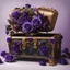 Placeholder: A black and gold decorated chest half opened and filled with purple blue roses in front of it a burning candle in delicate purple all on a light background