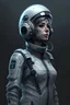 Placeholder: A DIGITAL ART portrait of a sci-fi pilot woman. She is 30 years old. She has a pilot helmet. She is reckless. She has got dreams. Her eyes are beautiful and bright. Grey. whole body standing