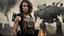 Placeholder: beautiful slender caucasian female technician with a knife, looking away from camera, black tank top, well toned muscles, weathered face, scratched sand camo metal details, short brunette wavy bob haircut, dystopian, postapocalyptic city scene with smoke and explosions. giant robot in the background