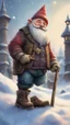 Placeholder: postcard portrait of bard post man gnome with old boots, sledge hammer and chissel in the snow garden holding a tower fortification, magazine cover illustration with oil paint and spray paint, signed, bokeh like, down-light, unreal engine, prize winning