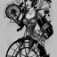 Placeholder: great illustrator, spanish, pencil sketch of a cute girl, beautiful, steampunk syle, black and white. Helmet with tubes. Machinery in the background. cyber bird flying. High details.