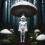 Placeholder: frightened, very cute, woman with big eyes, head enclosed in a giant mushroom-cap , wearing a full body mushroom symbiote-suit made of white mycelium. Surrounded by several giant mushrooms shaped like women. In a dark spooky forest.