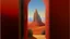Placeholder: A surrealist painting shows a landscape viewed through a tall, narrow doorway. The doorway is framed by thick, textured walls in shades of red-brown, which take up a significant portion of the composition. The doorway itself is arched at the top, providing a glimpse into a vast, undulating landscape. In the foreground, just beyond the doorway, there is a collection of rounded, organic forms that resemble rocks or perhaps even biological structures. These forms are clustered together, creating a