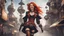 Placeholder: A photorealistic image of a red-haired, slender, witchy woman, winking and smiling, in a steampunk outfit and stiletto boots, walking through a futuristic city with flying machines.