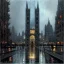 Placeholder: Square with fountain , Gotham city,Neogothic architecture, by Jeremy mann, point perspective,intricate detailed, strong lines, John atkinson Grimshaw,pipes, chimneys