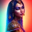 Placeholder: 3D close-up of a beautiful Arab pharaonic girl, sarcastic smile, high contrast, glowing backlighting, blue and red backlighting, vibrant hair, dark brown eyes, sharp focus, high makeup, medium face painting, background blur.