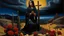 Placeholder: Oil painting of a 30 year old indigenous woman kneeling in front of a wooden cross, she is wearing a black dress with white flowers and a black shawl, she is holding a black umbrella, the cross is on top of a pile of rocks with red flowers, behind her there is a mountain with a sunset, the sky is dark blue. The composition uses a warm color palette, with soft diffused lighting.