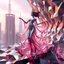 Placeholder: very complex structure ,pretty viberating color environment 3d metalic and crystal recursive animating beveled geometric base very complex structure future world evolving background and goddess realistic modern lady in pretty cleric dress comes out dancing gracefully , viberating color moving very in modern city escape environment while camera tracking it.