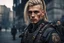 Placeholder: photorealistic hyperdetailed portait of 20-year-old german male, as mercenary with long blonde undercut hair, tribal tattoos and neatly trimmed beard wearing modern mercenary uniform fantasy dark cityscape