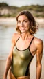 Placeholder: beautiful anorexic woman, standing frontal, full body shot, short shiny olive triathlon swimsuit, wavy bob haircut, photographed in front of beach, raw