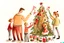 Placeholder: Christmas illustration, whimsical, detailed, warm colors, grainy texture, subject: decorating the christmas tree with a family, white background