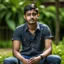 Placeholder: an 24 year old indian man, oval face, light skin, wearing shirt and jeans, sitting in a garden, peaceful, front face portrait, short hair, muscular and fit, handsome