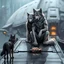 Placeholder: digital art front in picture an of little dark dog like creature stands and looking an anthropomorphic wolf couple sitting on the spaceship's ramp close together, the pale gray female wolf sits behind stong male wolf and puts one paw on the dark gray wolfman's shoulder, raini day, on ramp a little piece of meat lies down, high contrast, high detalied, high realistic, in background detail of a spaceship is visible. Rain, The atmosphere is a seamless blend of sci-fi and dark fantasy mood, digita