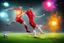 Placeholder: Oil painting, full body of a soccer player, he is kicking the ball, the ball is flying, bright but not neon colours, dynamic lines, dynamic blobs, spots, lines in the background of the character, splash like a colour explosion