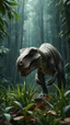 Placeholder: A dinosaur eating grass from the ground in a dramatic scene in a dense forest with A FIR BRUNCH under the rain. The background should feature raindrops falling around the leaves.