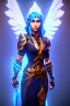 Placeholder: a person in runic armor with blue wings, blue short hair, runic tattoo and spell book