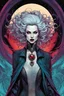 Placeholder: full color full body illustration of a surreal, ethereal, futuristic female vampire time traveler, with highly detailed hair and facial features in the style of Sveta Dorosheva and Travis Charest, detailed and sharply defined line work and inking, vibrant natural color palette, 4k, on an ornate abstract background