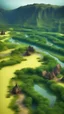 Placeholder: epic fantasy landscape mostly lush green with small area of dark evil swampland on one side